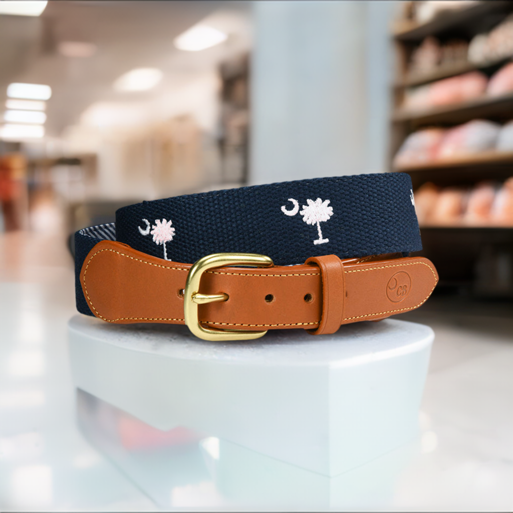 SC State Flag Belt Crescent Moon Palmetto Tree on Navy Blue Cotton Web