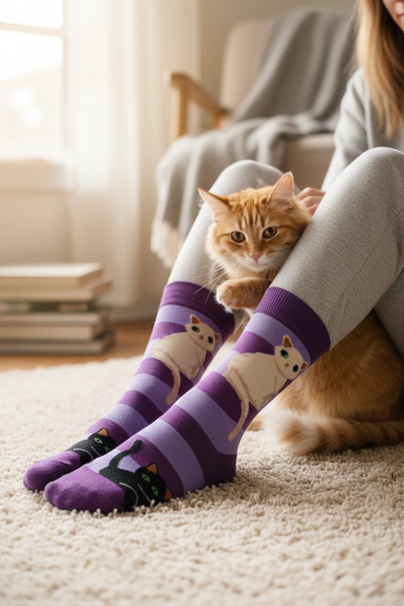 Purple striped socks White Cat Black Cat