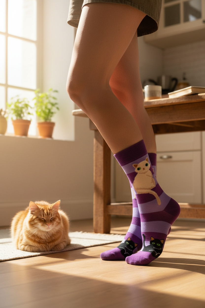 Purple striped socks White Cat Black Cat