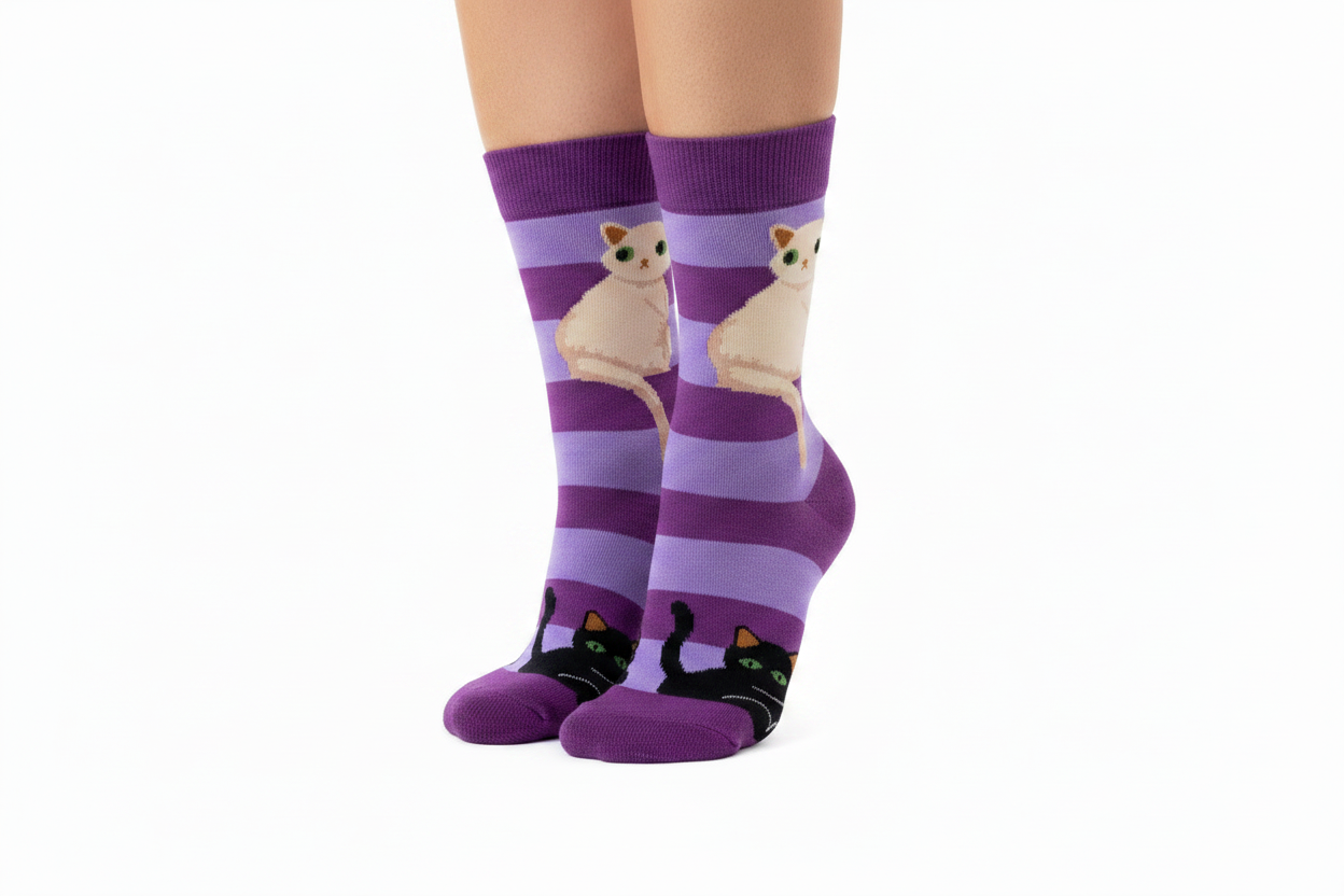 Purple striped socks White Cat Black Cat