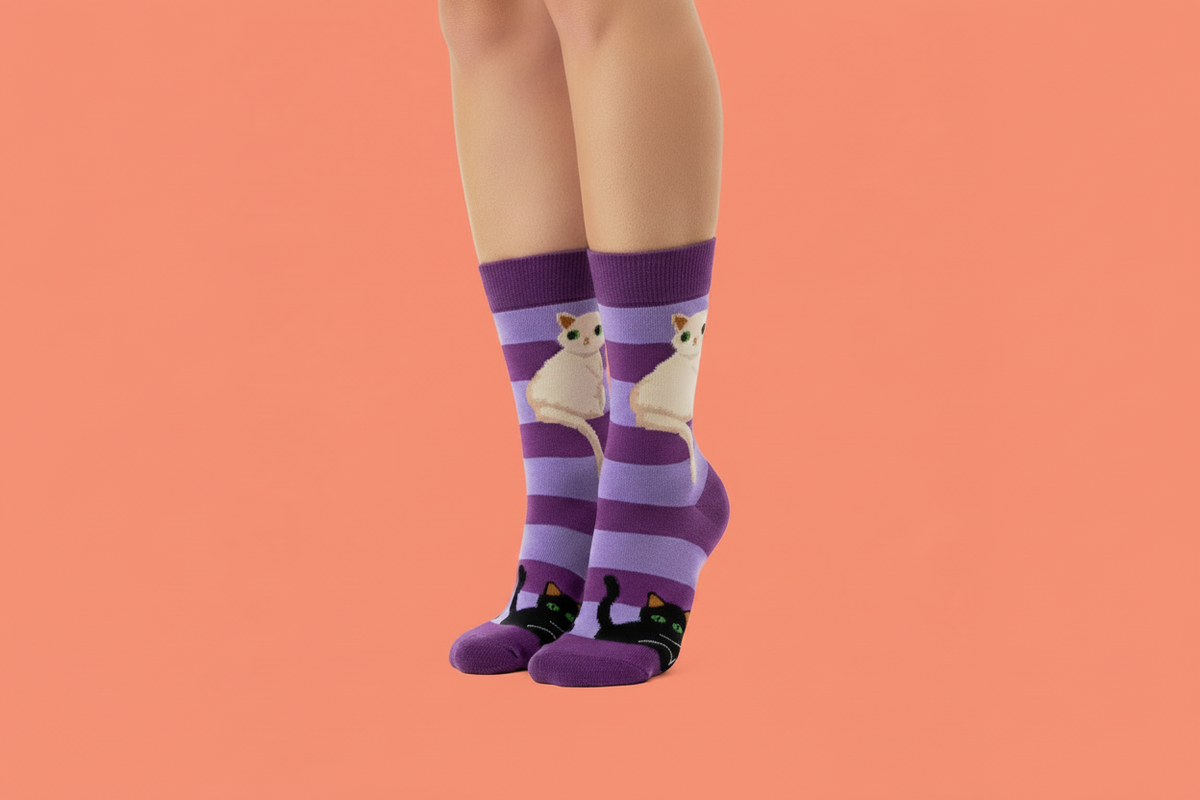 Purple striped socks White Cat Black Cat