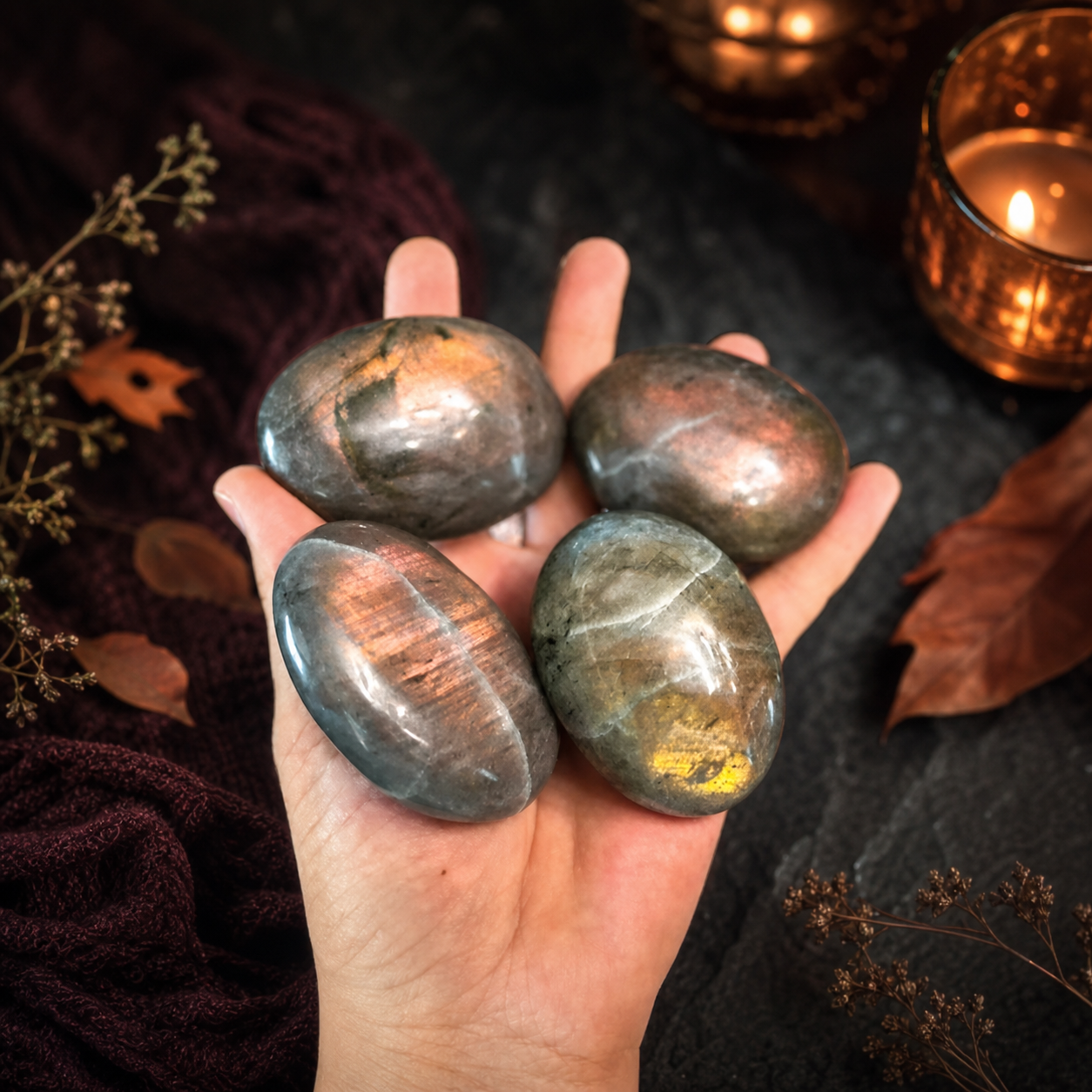 SUNSET Labradorite Palm Stone, Orange Labradorite, Yellow Labradorite, Pink Labradorite