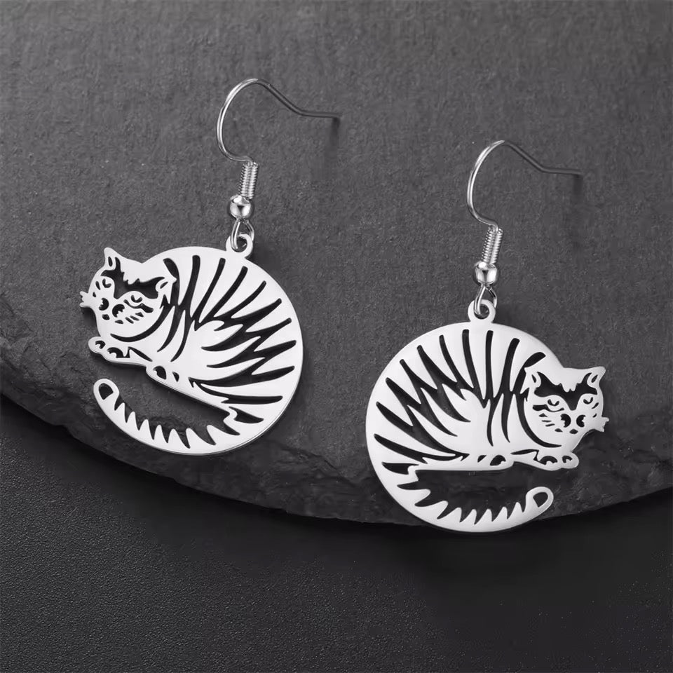 Cat Loaf Tiger Stripe Stainless Steel Earrings