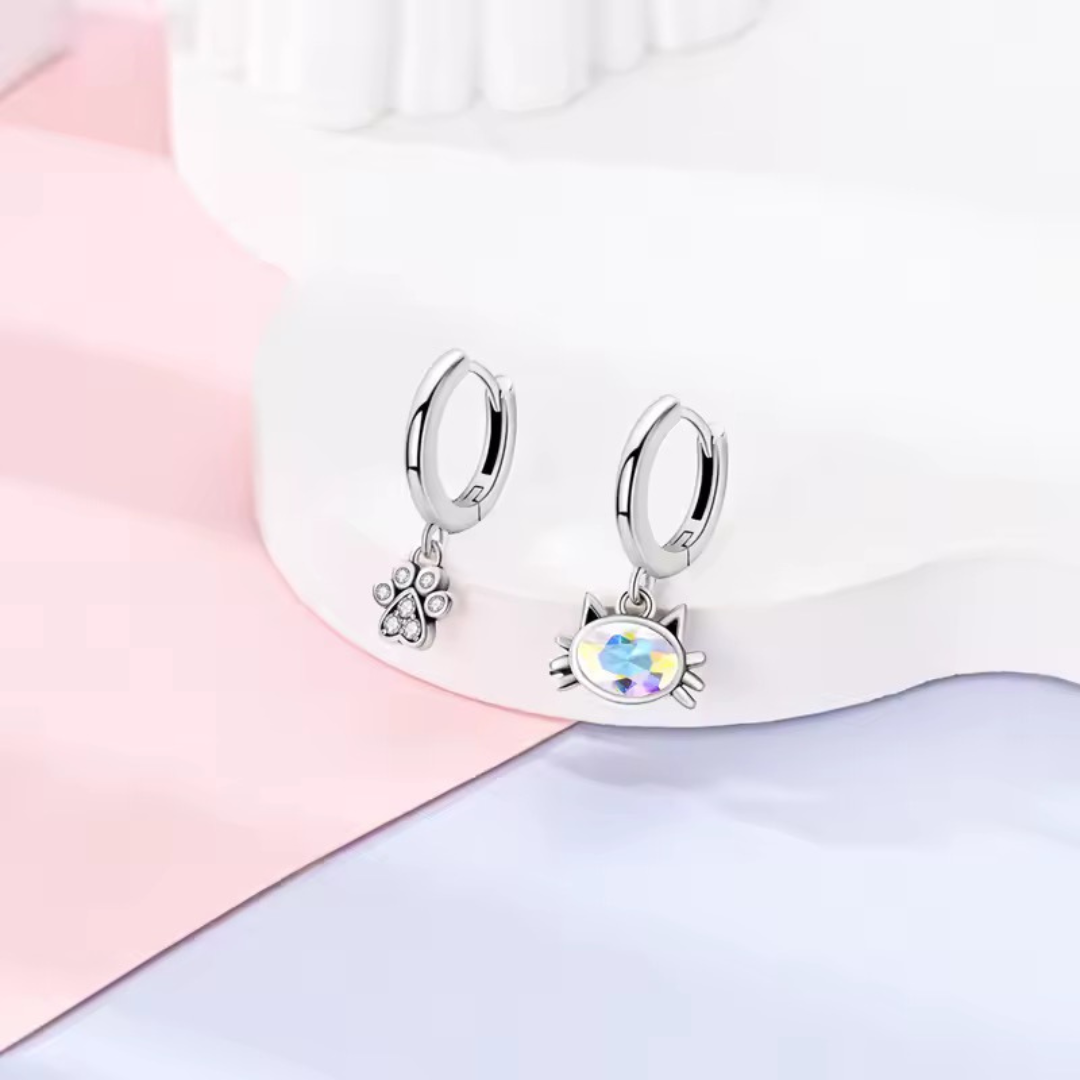 Mismatched Cat Paw and Cat Head | Crystal Earrings