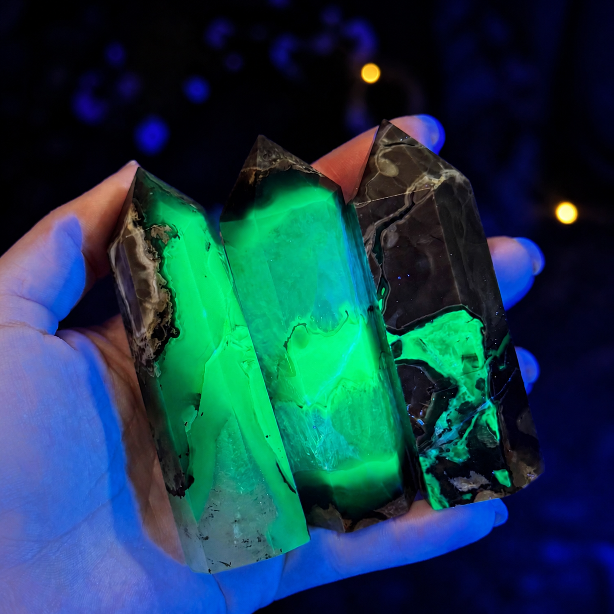 Volcano Agate Towers, UV Fluorescent Green Crystals