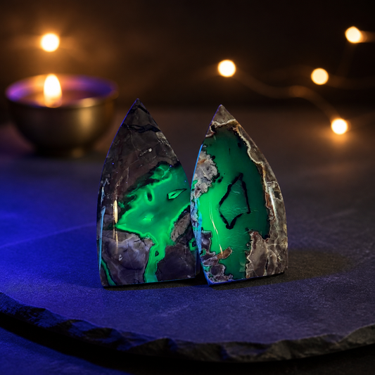 Volcano Agate Teardrop Freeform, UV Fluorescent Green Crystals