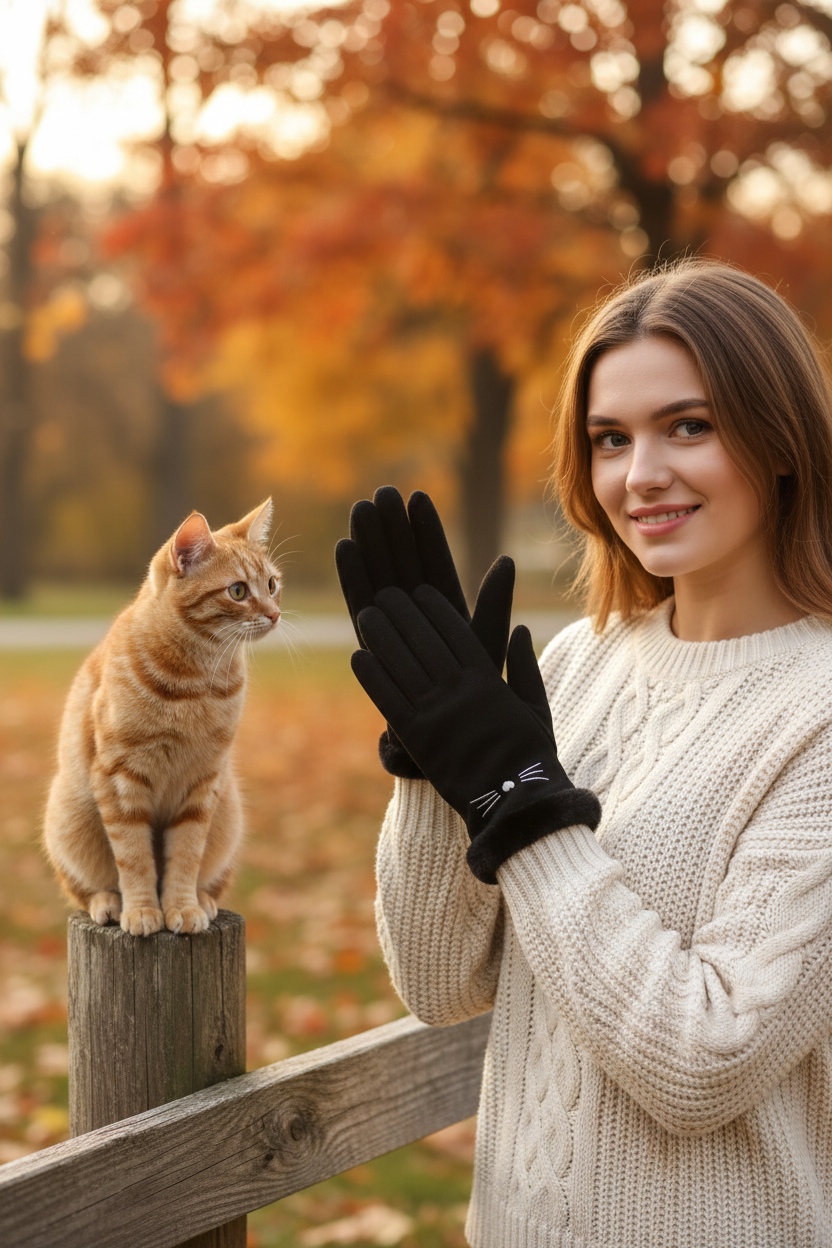 Cat Face Fur Cuff | Winter Gloves