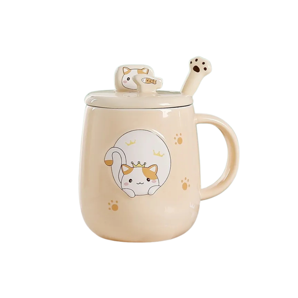 Royal Cat Ceramic Mug, Lid, Spoon | 3 pc GIFT set