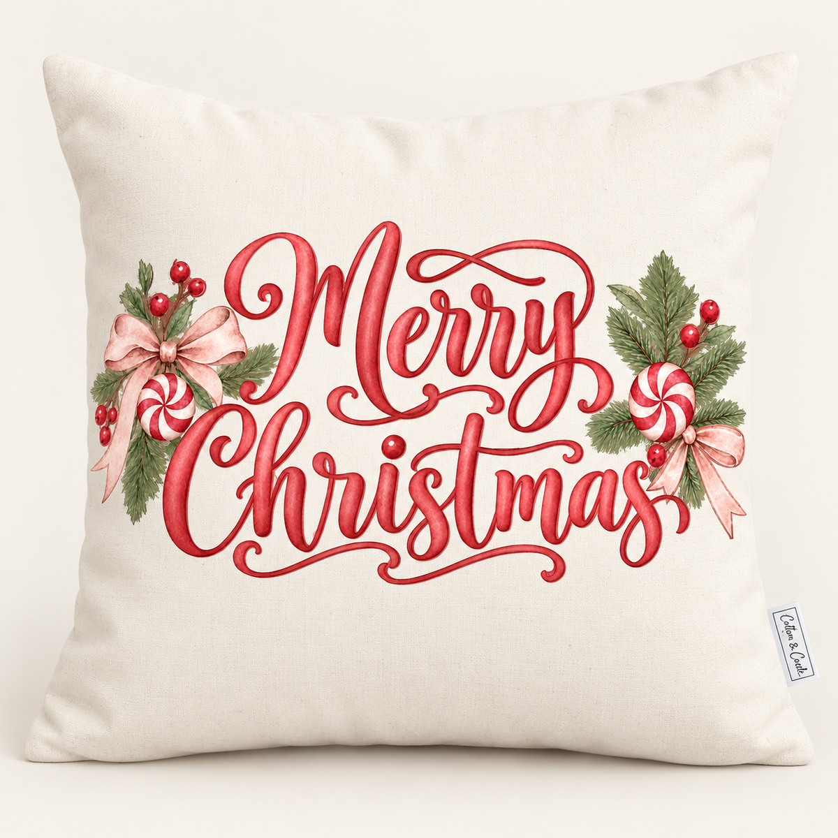 Merry Christmas Bows Pillow Cover — Fits 18x18 Insert