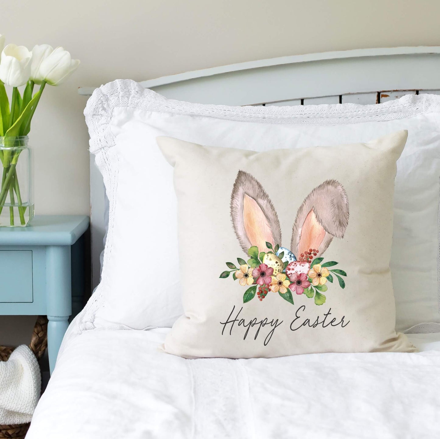 Happy Easter Bunny Ears Pillow Cover 18x18 inch