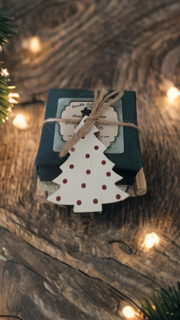 Gift wrapped in green paper with a white tree-shaped tag on a wooden surface with blurred lights @ CarolinaCart.com
