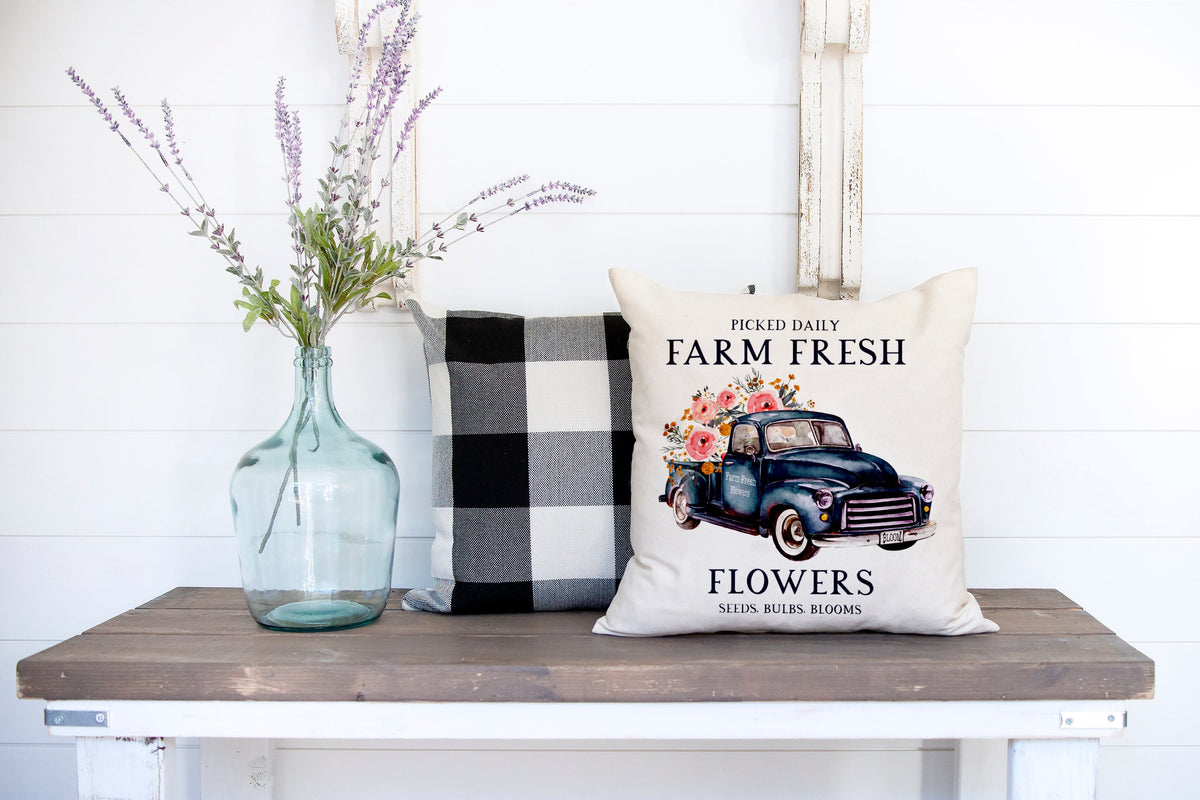 Farm Fresh Flowers Truck #4 Spring Pillow Cover 18x18 inch