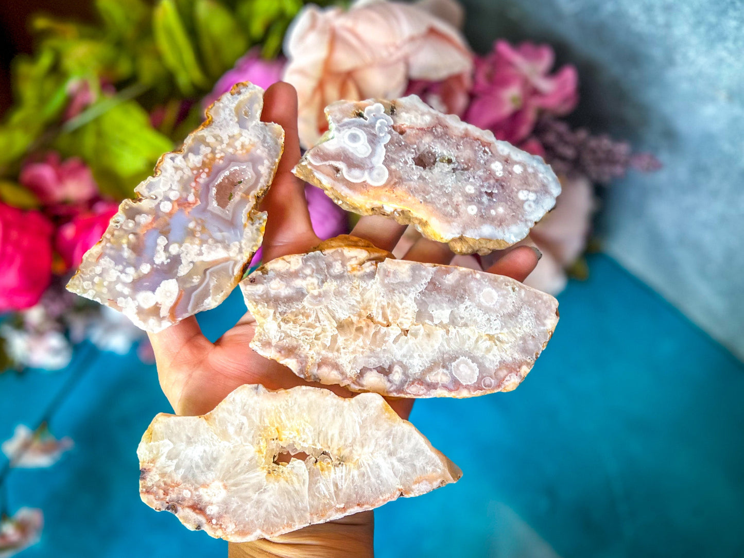 Pink Flower Agate Slices, Polished Flower Agate Slabs, Pink Cherry Blossom Agate
