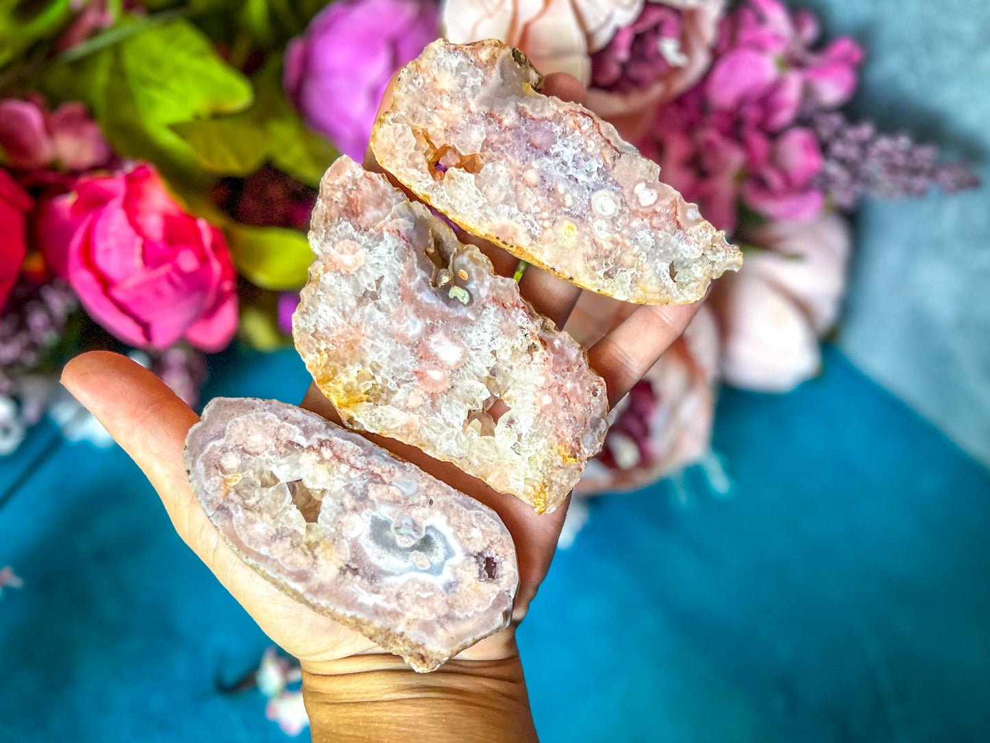 Pink Flower Agate Slices, Polished Flower Agate Slabs, Pink Cherry Blossom Agate