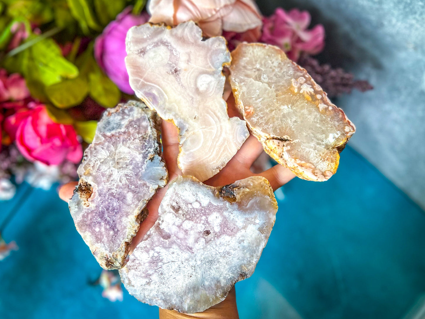 Pink Flower Agate Slices, Polished Flower Agate Slabs, Pink Cherry Blossom Agate