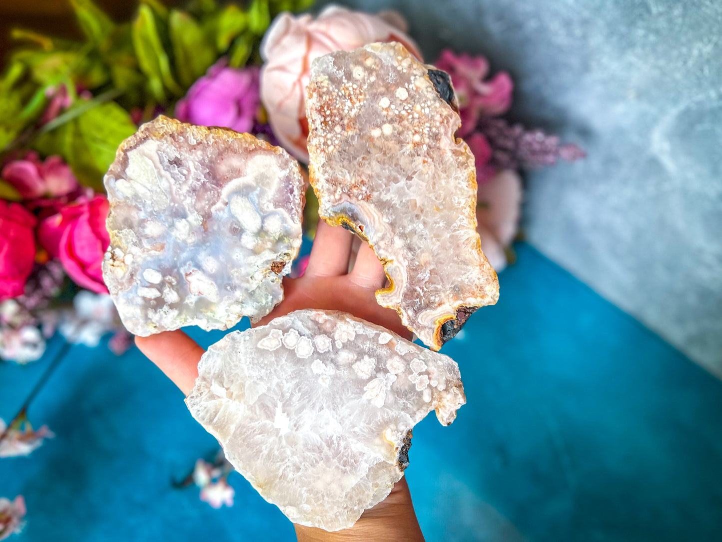 Pink Flower Agate Slices, Polished Flower Agate Slabs, Pink Cherry Blossom Agate