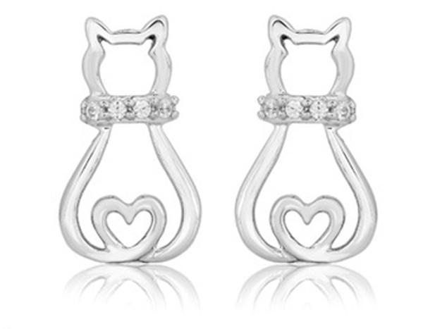 Silver Cat Earrings with Heart Shaped Tail