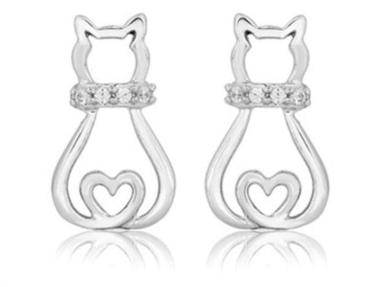 Silver Cat Earrings with Heart Shaped Tail