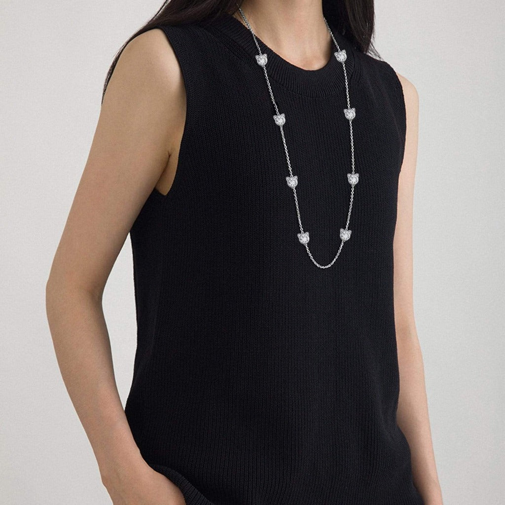 Crystal Cat Station Necklace | Sterling Silver