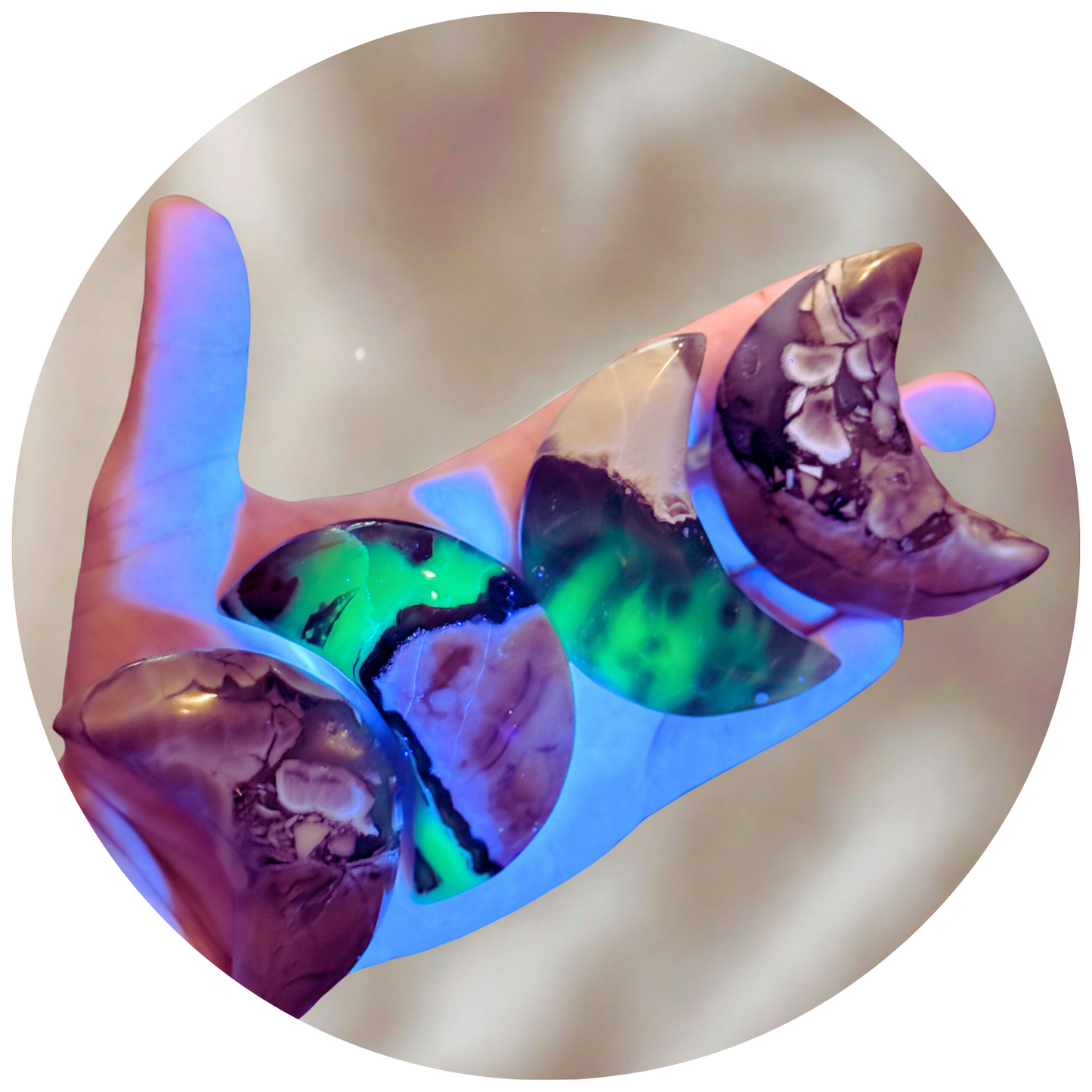Volcano Agate Crescent Moon, UV Green Fluorescent Minerals