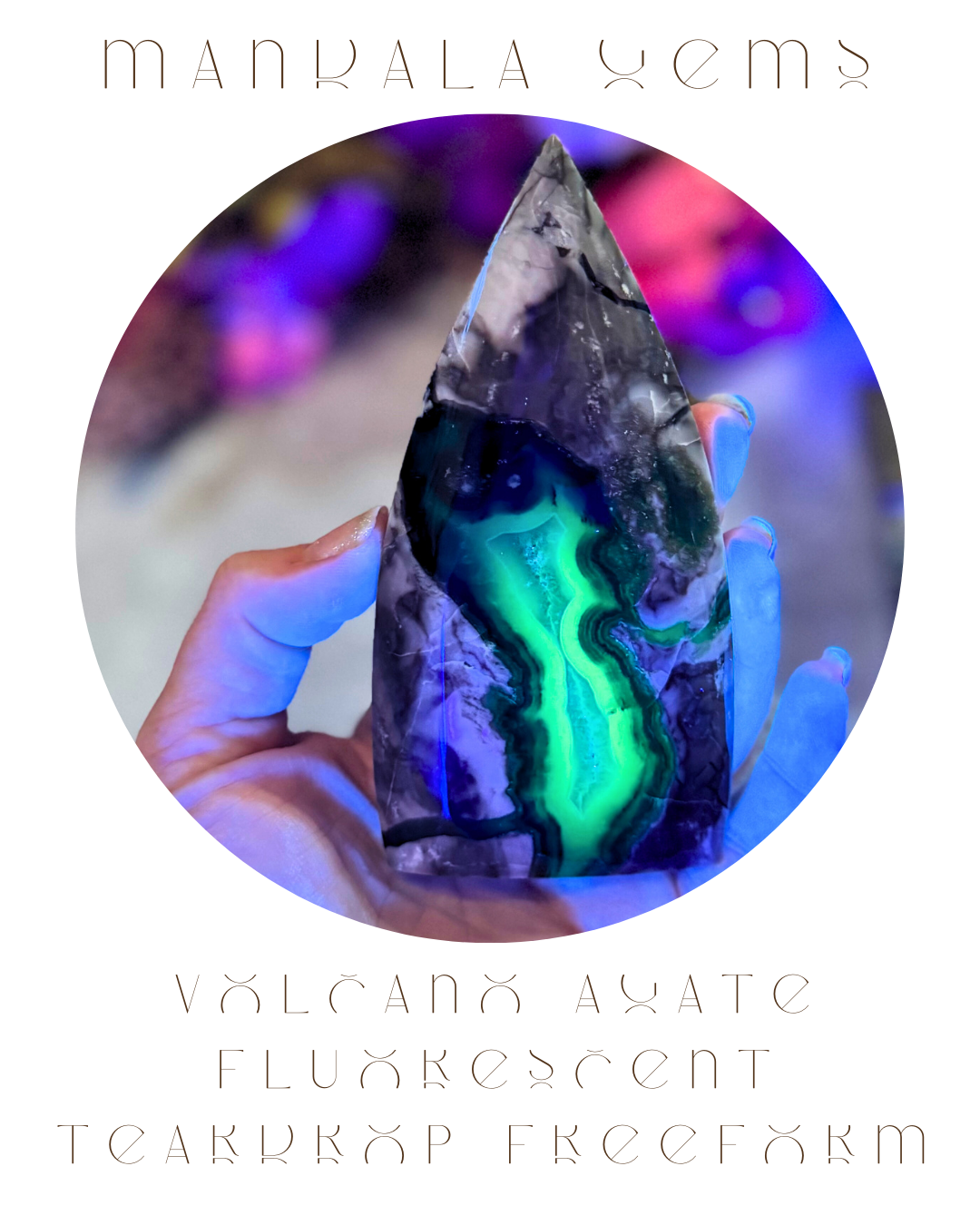 Volcano Agate Teardrop Freeform, UV Fluorescent Green Crystals