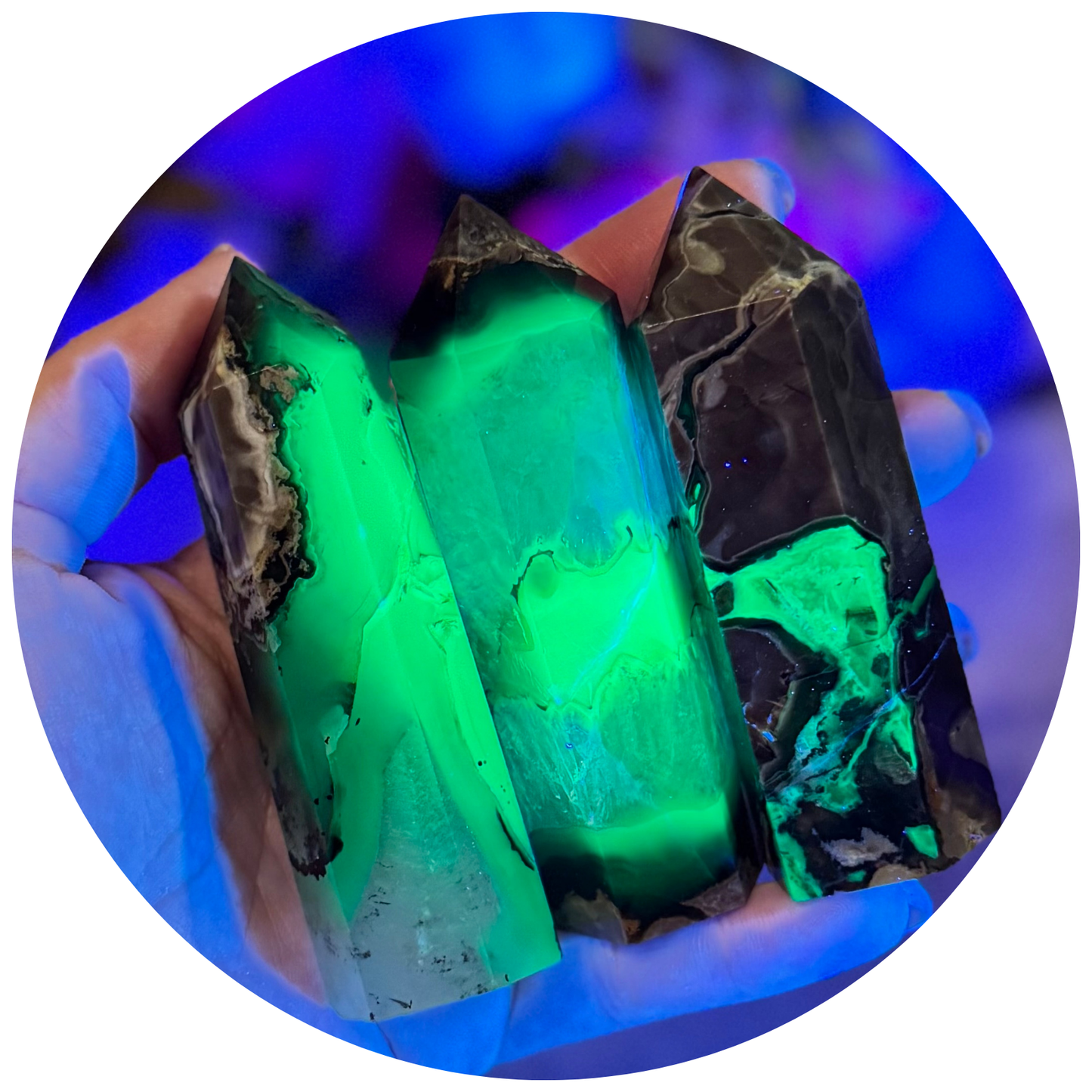 Volcano Agate Towers, UV Fluorescent Green Crystals